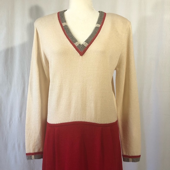 Vintage St. John for Saks Knit Red/Cream Dress - Picture 2 of 8